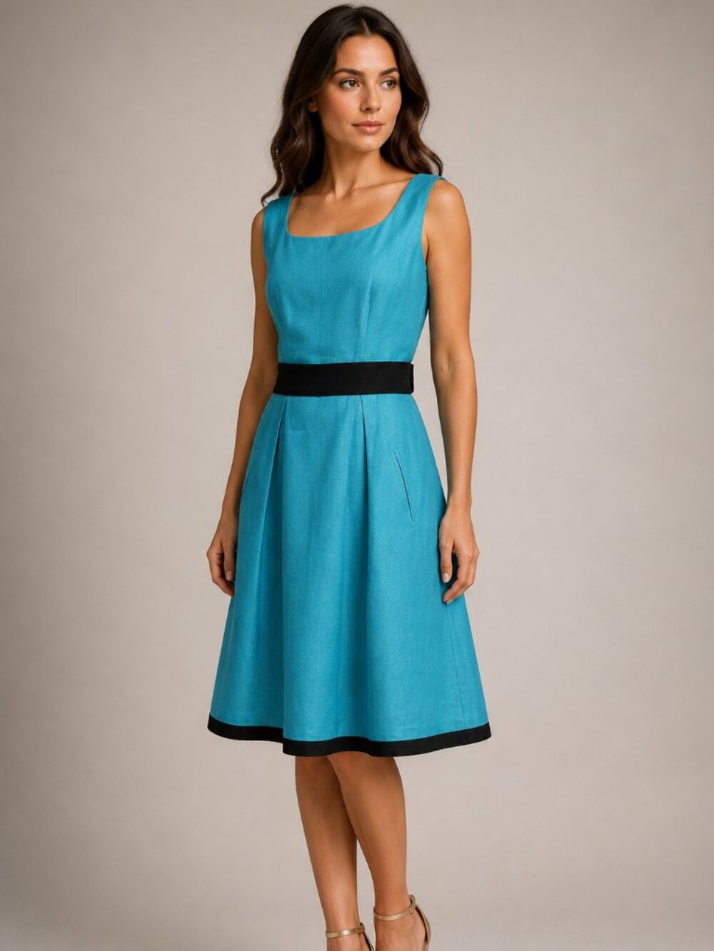 Vintage Talbots Teal Linen Fit & Flare Dress Size 10 Black Trim Belted